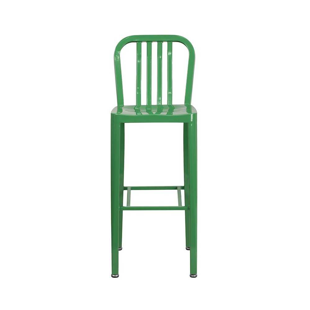 Commercial Grade 30" High Green Metal Indoor-Outdoor Barstool with Vertical Slat Back