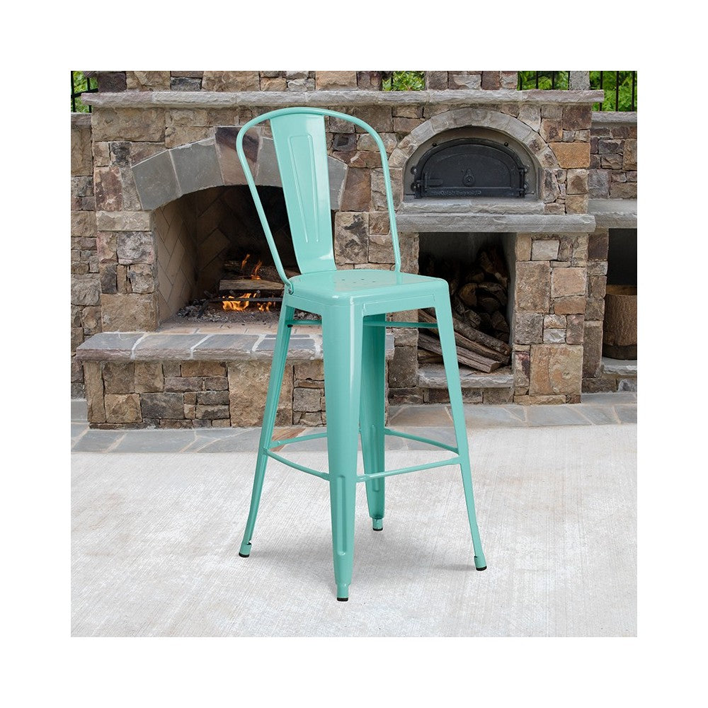 Commercial Grade 30" High Mint Green Metal Indoor-Outdoor Barstool with Back