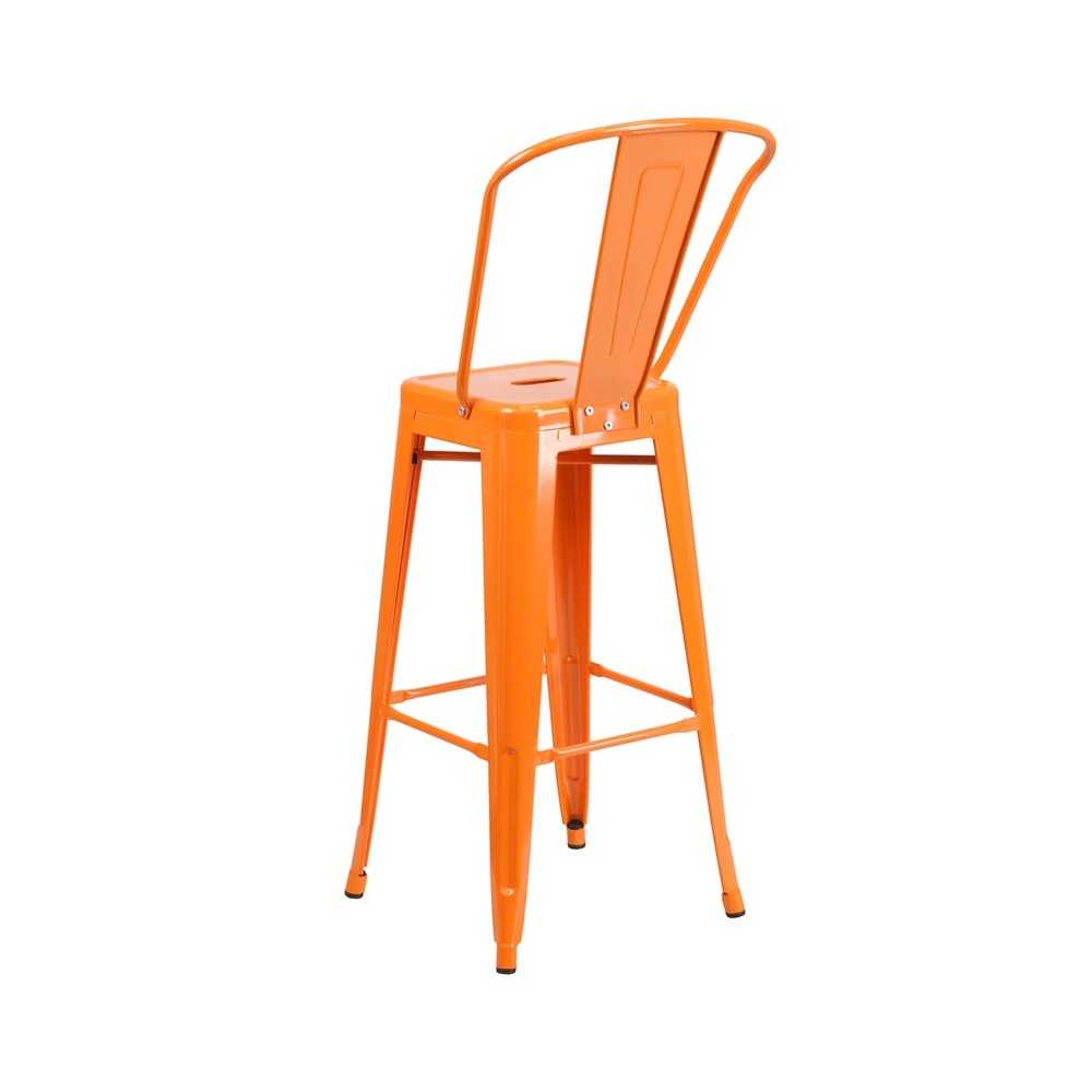 Commercial Grade 30" High Orange Metal Indoor-Outdoor Barstool with Removable Back