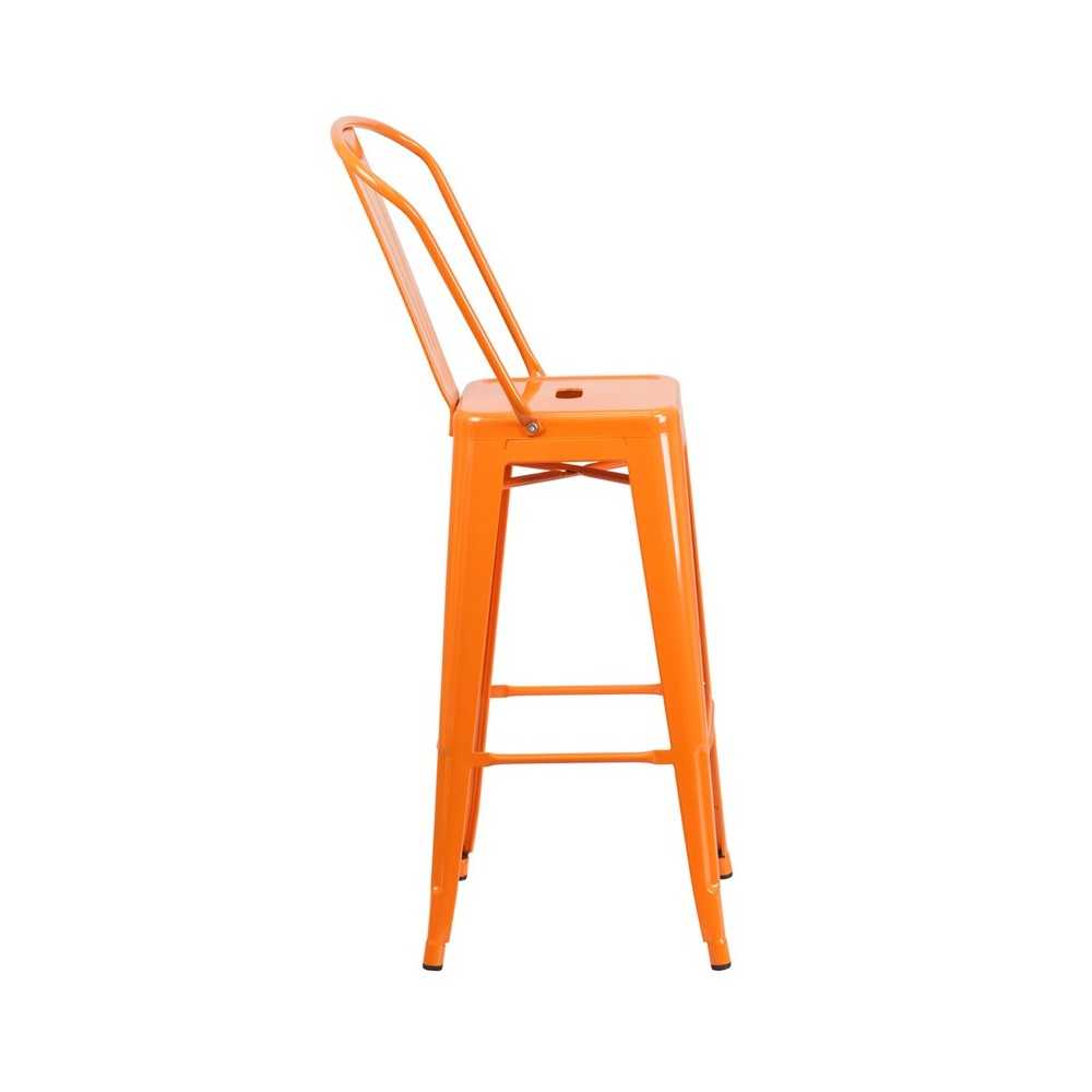 Commercial Grade 30" High Orange Metal Indoor-Outdoor Barstool with Removable Back