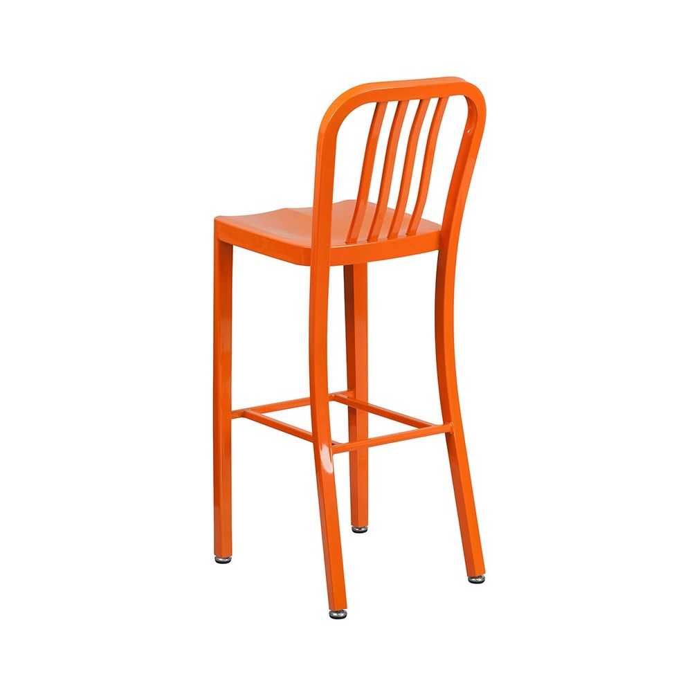Commercial Grade 30" High Orange Metal Indoor-Outdoor Barstool with Vertical Slat Back