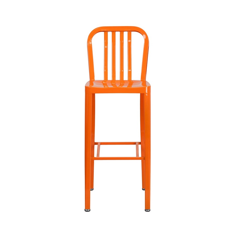 Commercial Grade 30" High Orange Metal Indoor-Outdoor Barstool with Vertical Slat Back