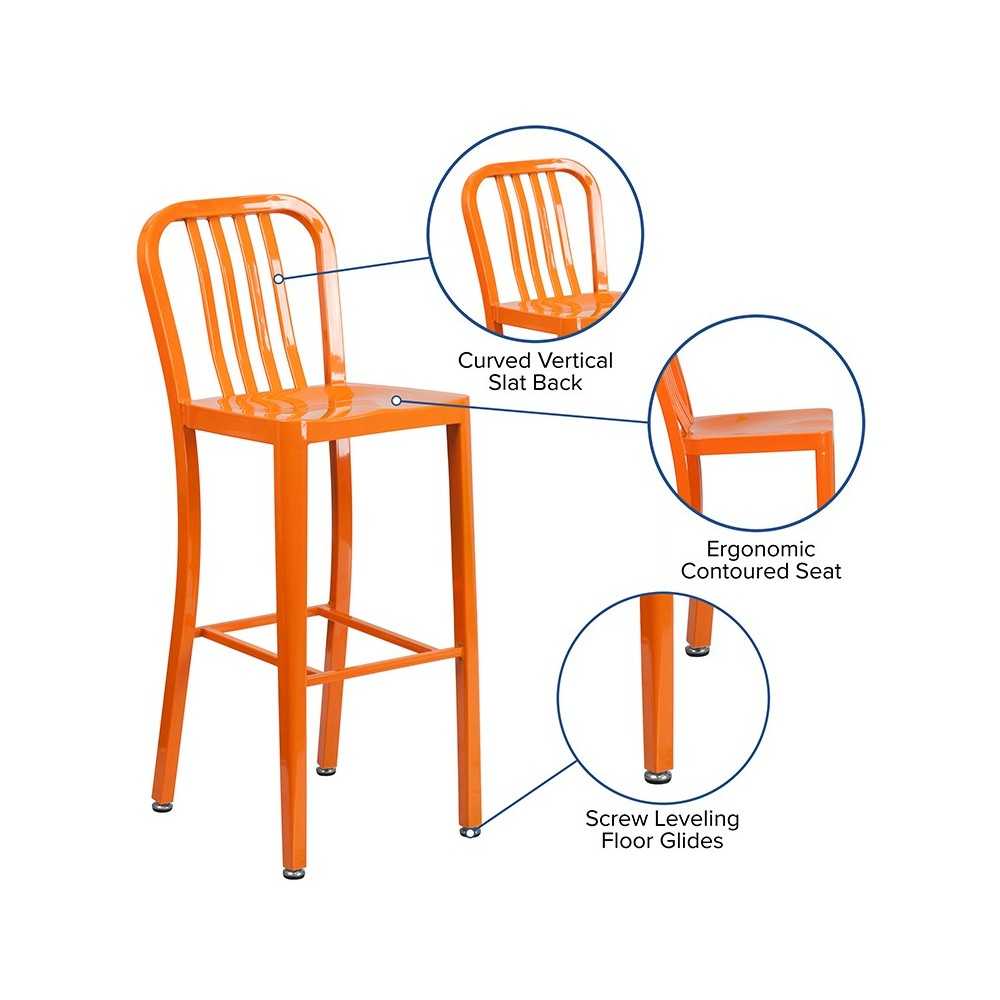 Commercial Grade 30" High Orange Metal Indoor-Outdoor Barstool with Vertical Slat Back