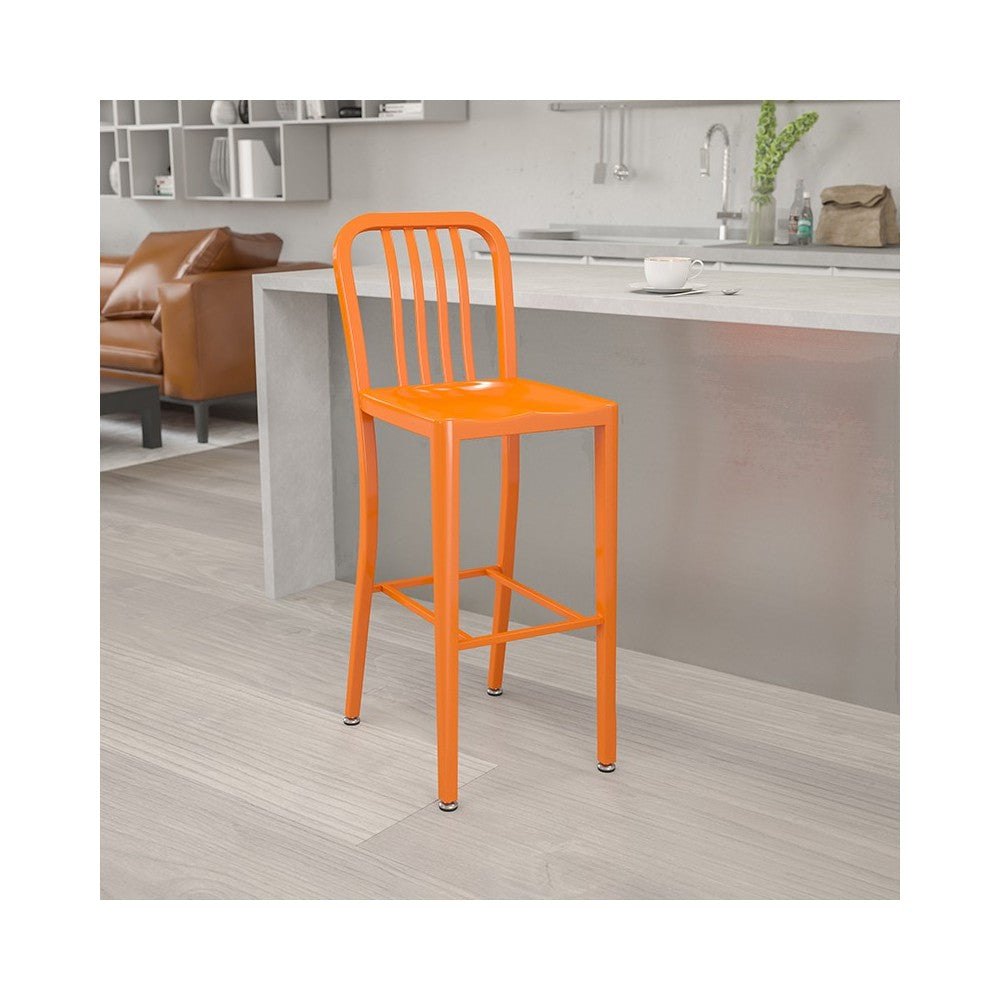 Commercial Grade 30" High Orange Metal Indoor-Outdoor Barstool with Vertical Slat Back