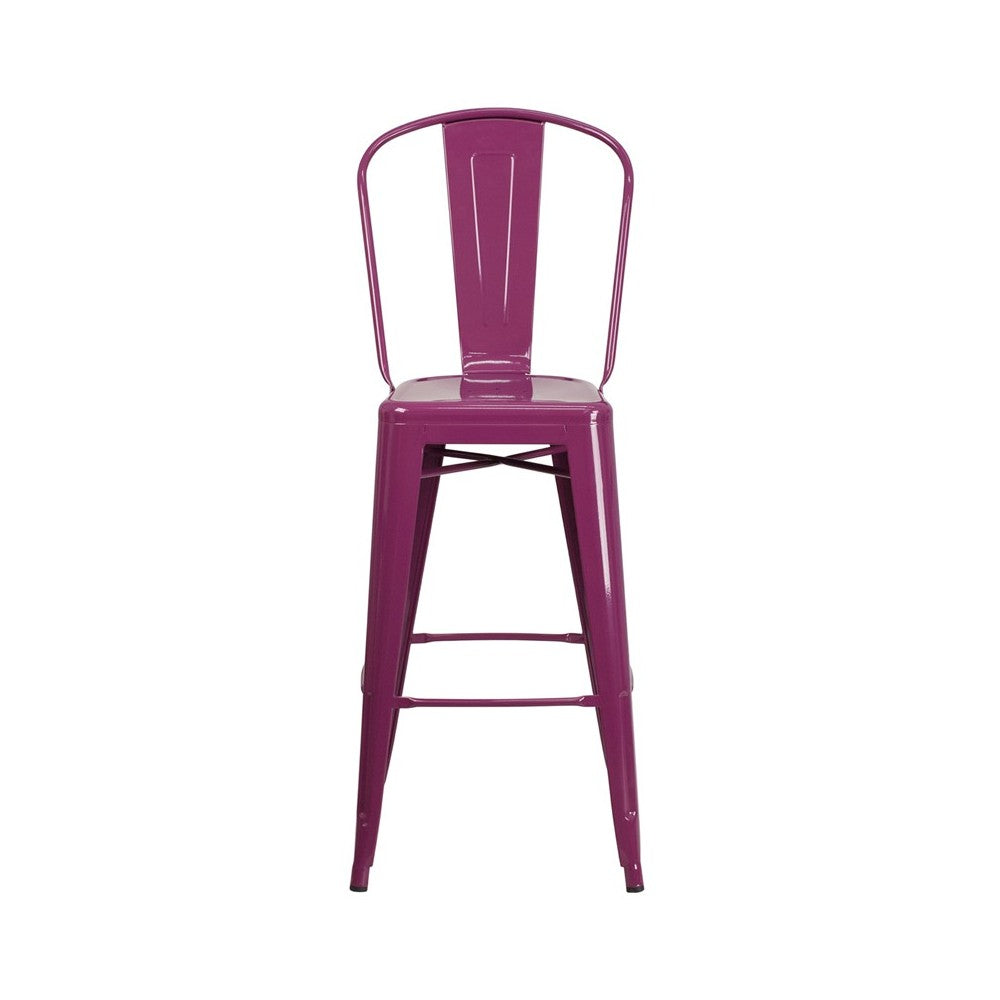 Commercial Grade 30" High Purple Metal Indoor-Outdoor Barstool with Back