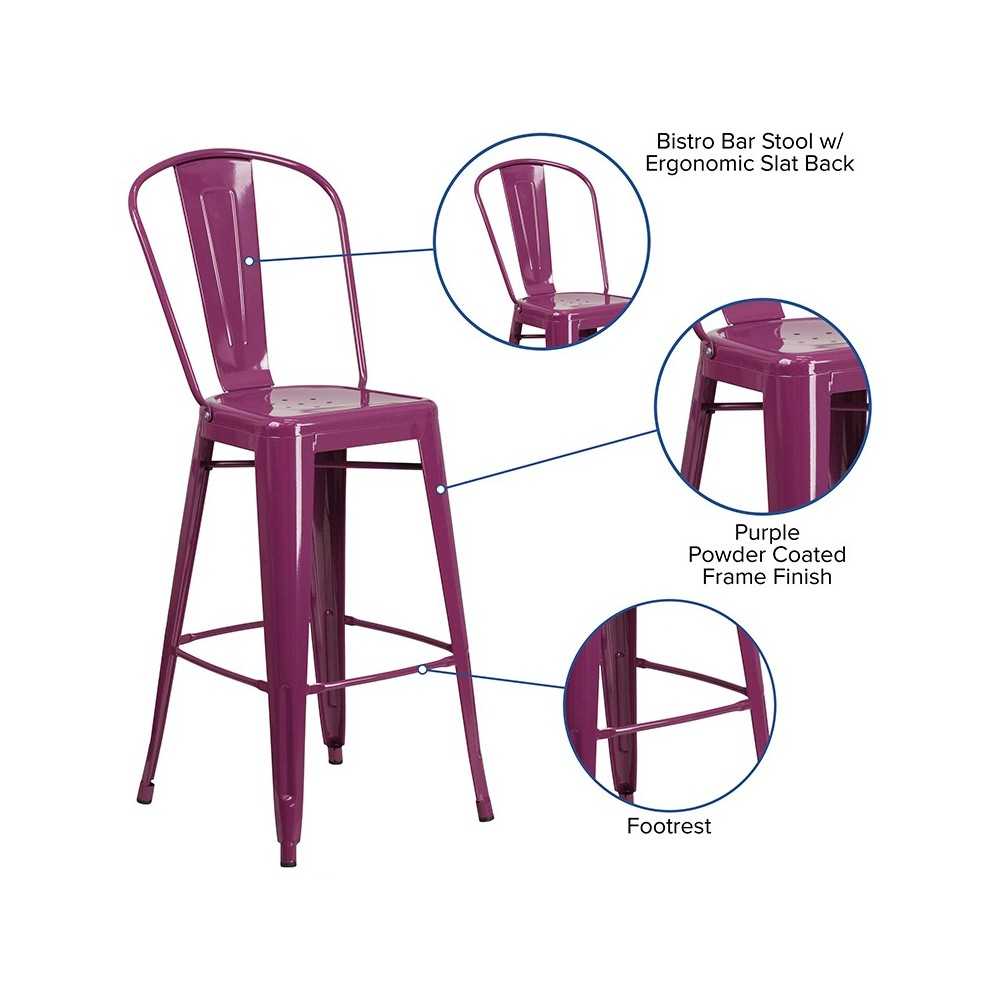 Commercial Grade 30" High Purple Metal Indoor-Outdoor Barstool with Back