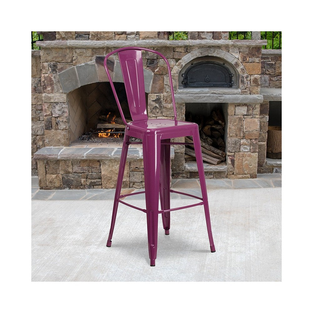 Commercial Grade 30" High Purple Metal Indoor-Outdoor Barstool with Back
