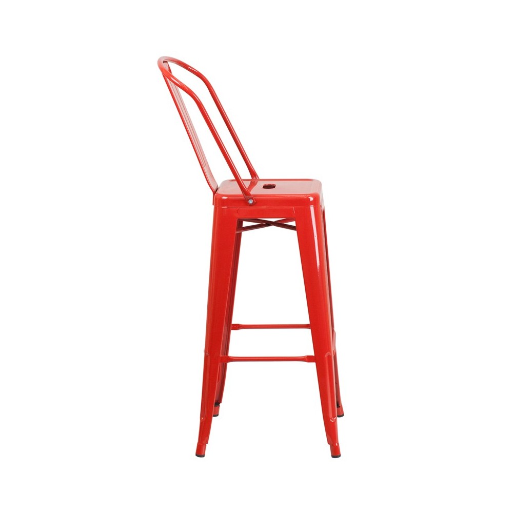 Commercial Grade 30" High Red Metal Indoor-Outdoor Barstool with Removable Back