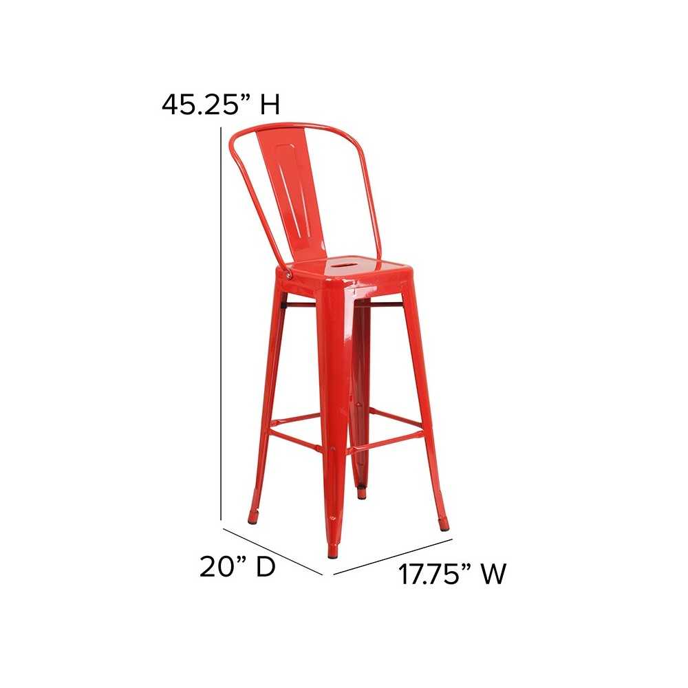 Commercial Grade 30" High Red Metal Indoor-Outdoor Barstool with Removable Back