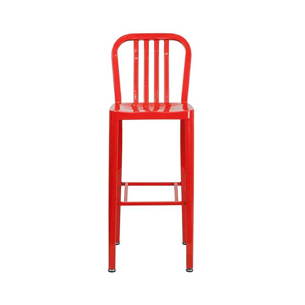 Commercial Grade 30" High Red Metal Indoor-Outdoor Barstool with Vertical Slat Back