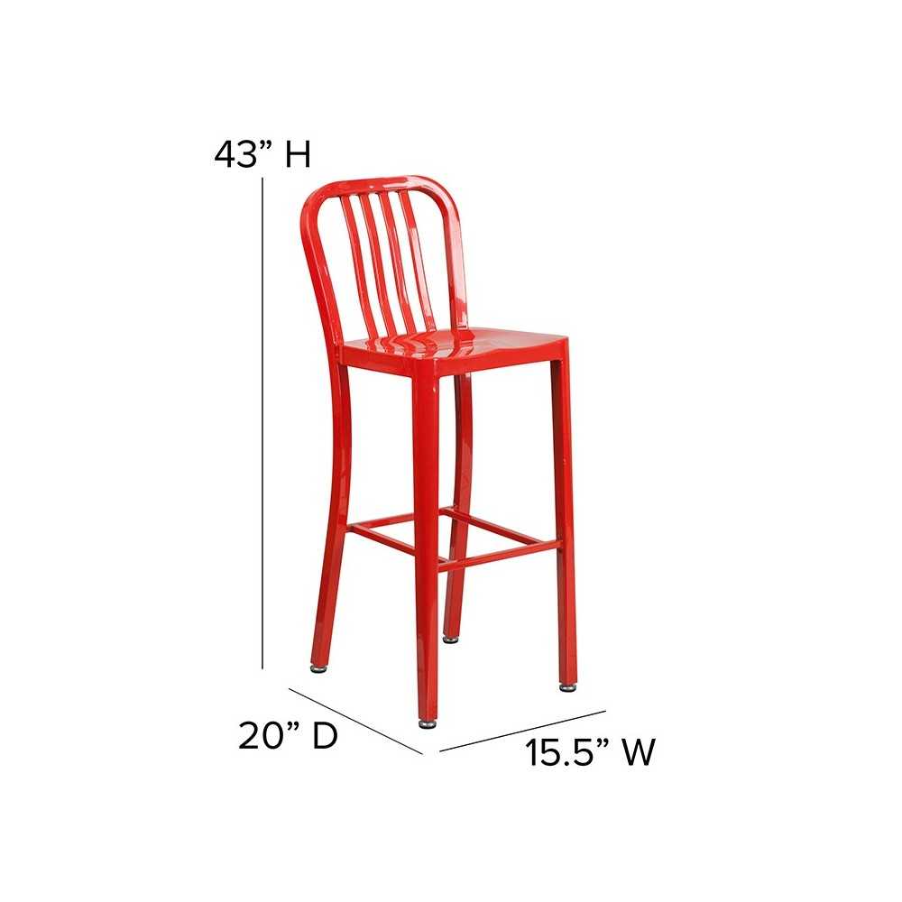 Commercial Grade 30" High Red Metal Indoor-Outdoor Barstool with Vertical Slat Back
