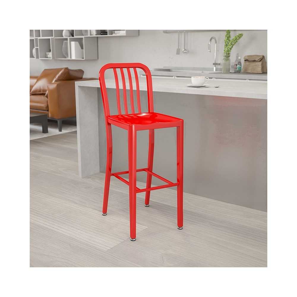 Commercial Grade 30" High Red Metal Indoor-Outdoor Barstool with Vertical Slat Back