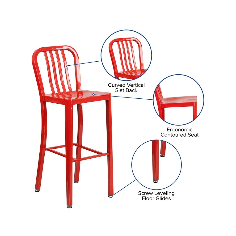 Commercial Grade 30" High Red Metal Indoor-Outdoor Barstool with Vertical Slat Back
