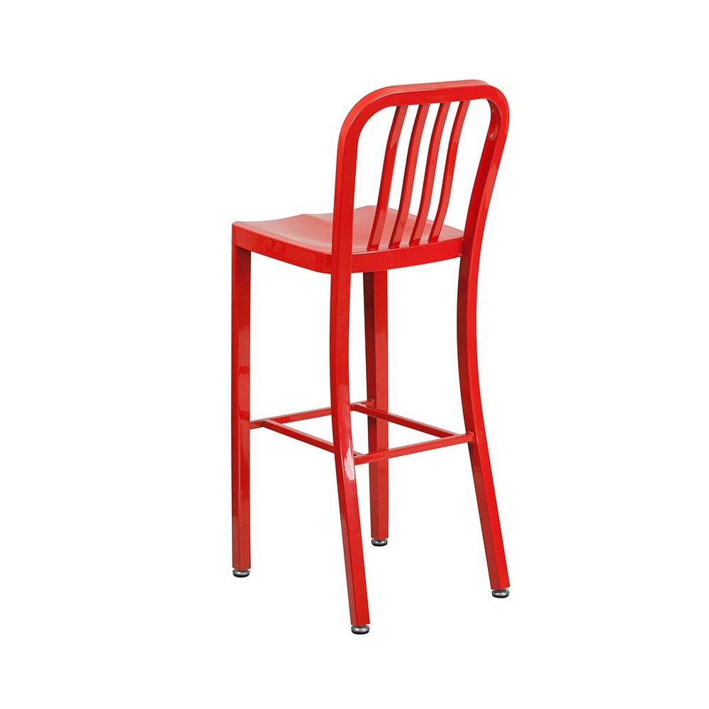 Commercial Grade 30" High Red Metal Indoor-Outdoor Barstool with Vertical Slat Back