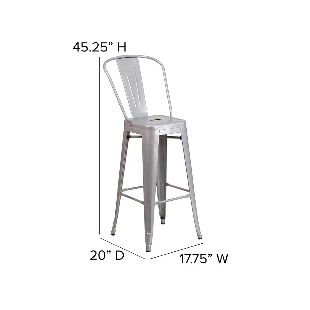 Commercial Grade 30" High Silver Metal Indoor-Outdoor Barstool with Removable Back