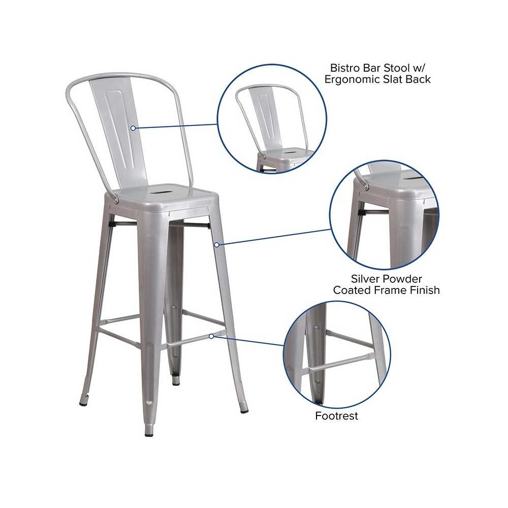 Commercial Grade 30" High Silver Metal Indoor-Outdoor Barstool with Removable Back