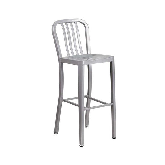 Commercial Grade 30" High Silver Metal Indoor-Outdoor Barstool with Vertical Slat Back