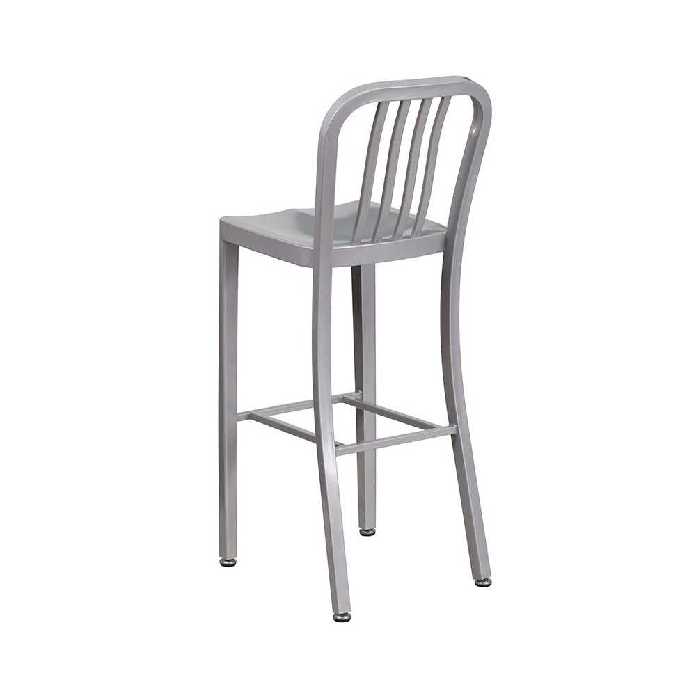 Commercial Grade 30" High Silver Metal Indoor-Outdoor Barstool with Vertical Slat Back
