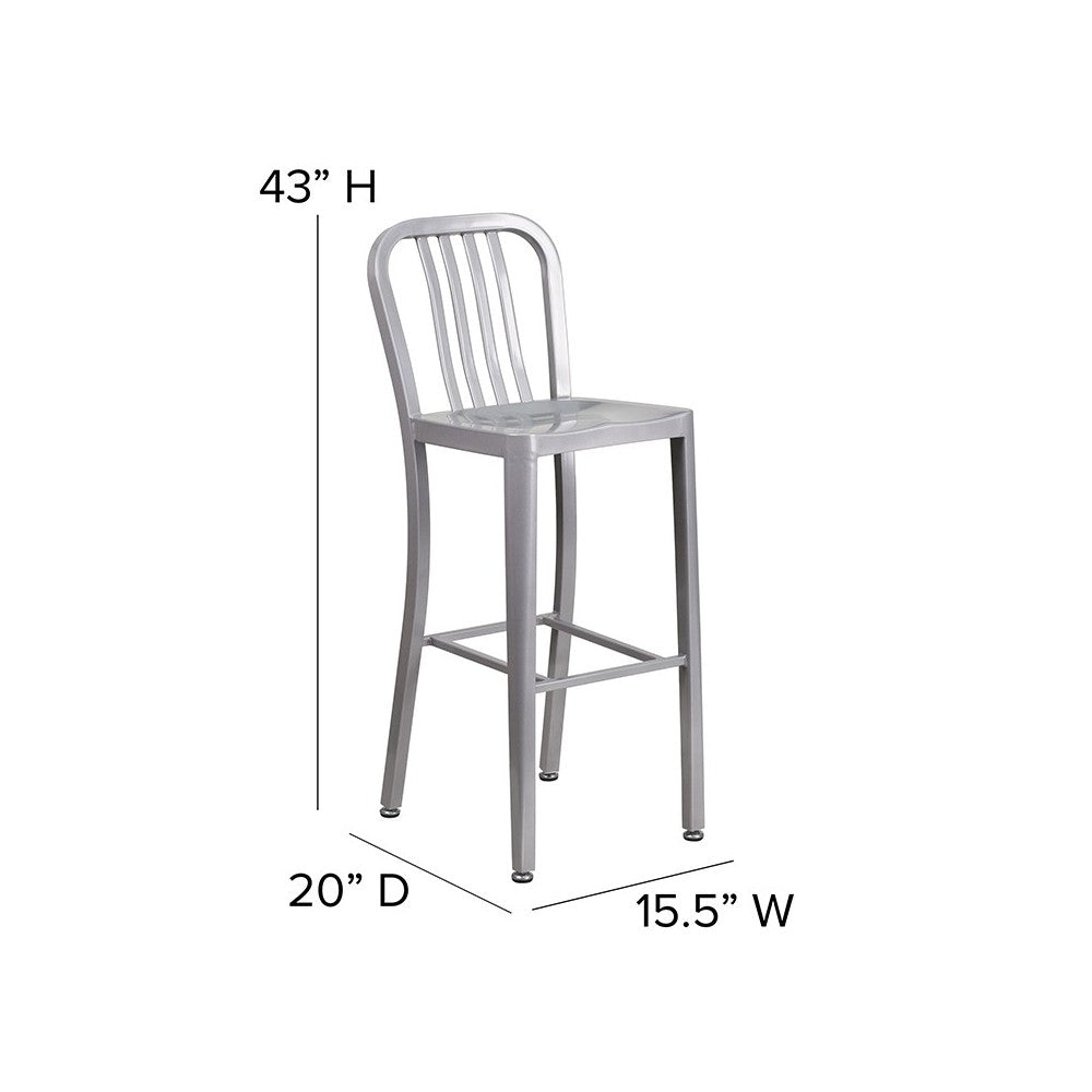 Commercial Grade 30" High Silver Metal Indoor-Outdoor Barstool with Vertical Slat Back
