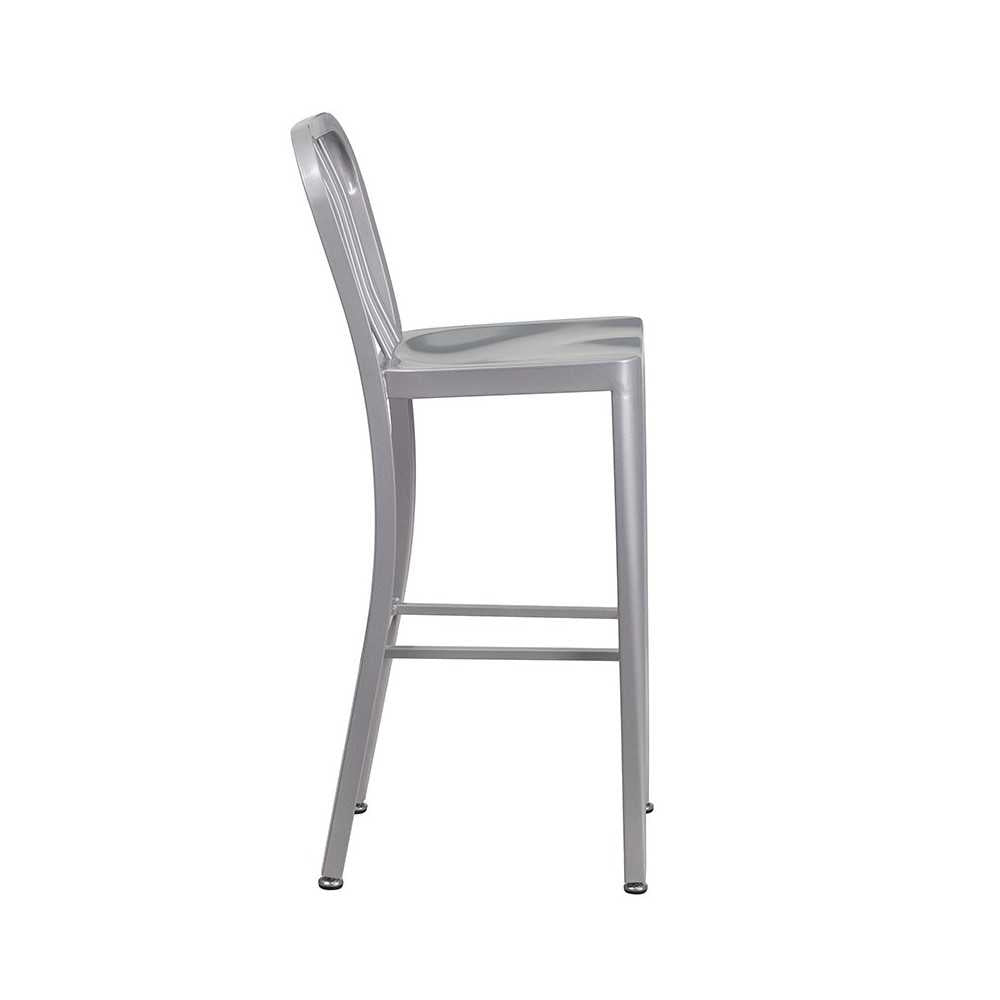 Commercial Grade 30" High Silver Metal Indoor-Outdoor Barstool with Vertical Slat Back
