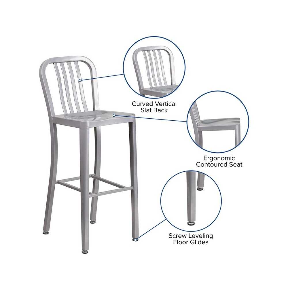 Commercial Grade 30" High Silver Metal Indoor-Outdoor Barstool with Vertical Slat Back