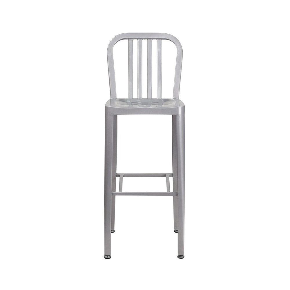 Commercial Grade 30" High Silver Metal Indoor-Outdoor Barstool with Vertical Slat Back