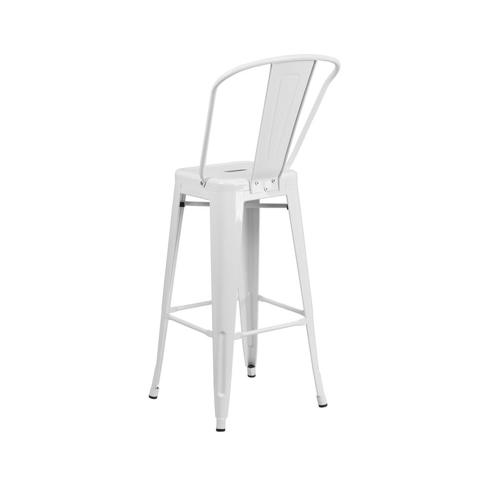 Commercial Grade 30" High White Metal Indoor-Outdoor Barstool with Removable Back