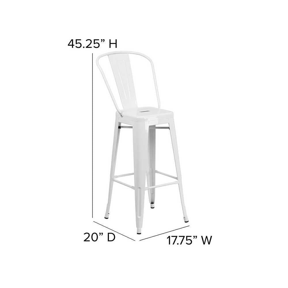 Commercial Grade 30" High White Metal Indoor-Outdoor Barstool with Removable Back