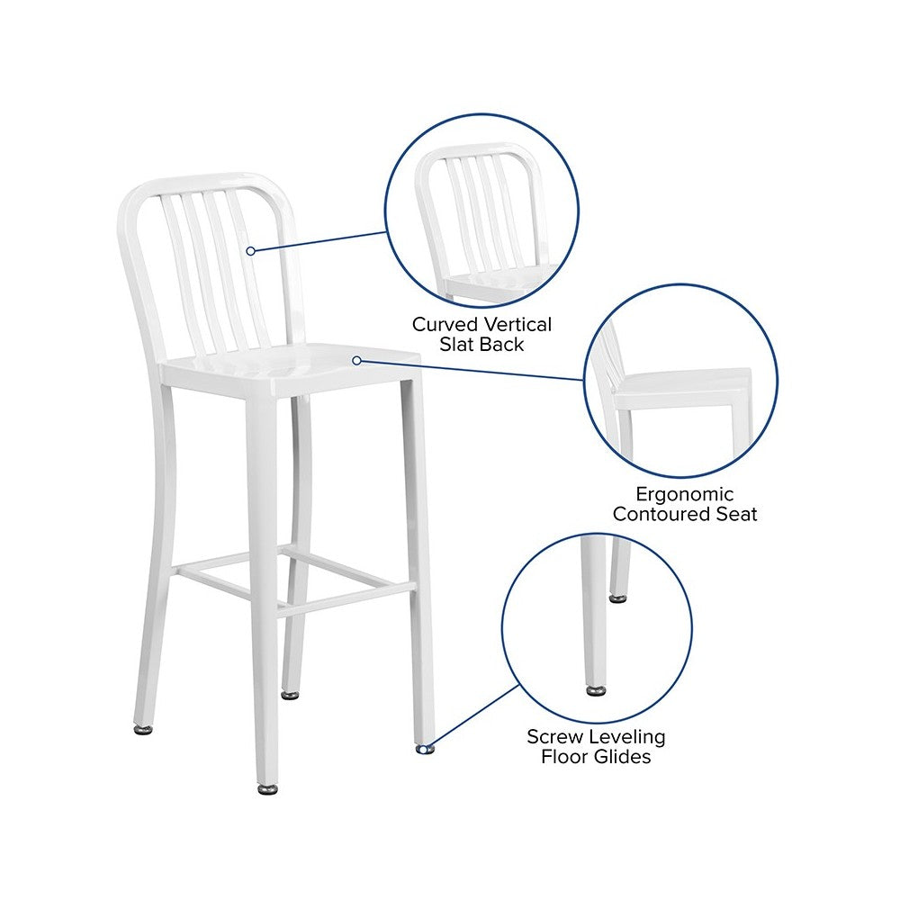 Commercial Grade 30" High White Metal Indoor-Outdoor Barstool with Vertical Slat Back