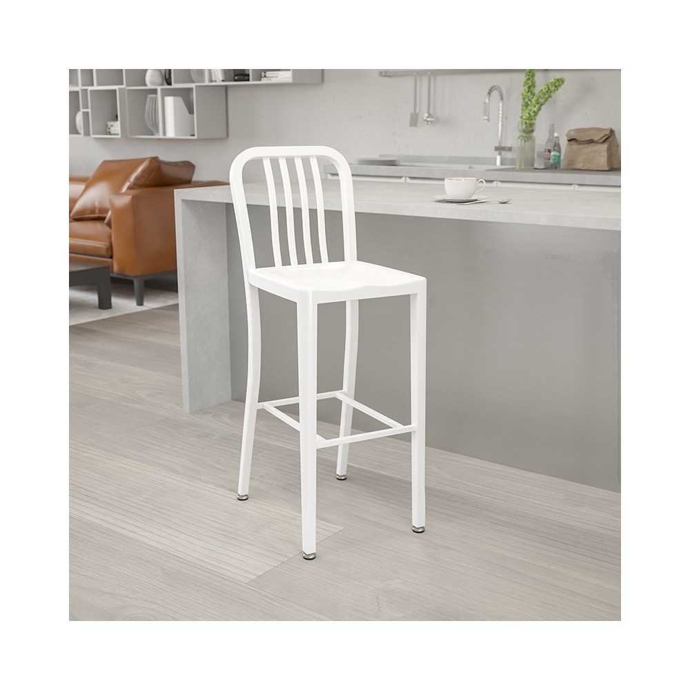 Commercial Grade 30" High White Metal Indoor-Outdoor Barstool with Vertical Slat Back