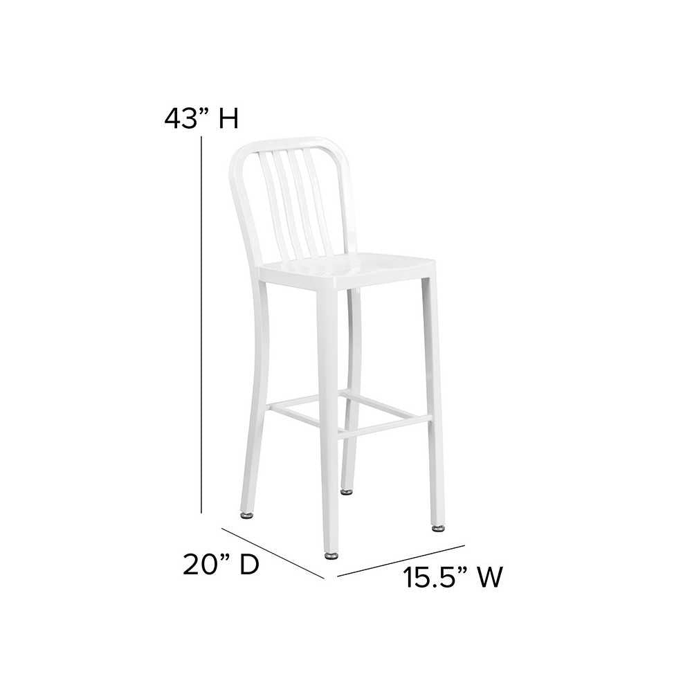 Commercial Grade 30" High White Metal Indoor-Outdoor Barstool with Vertical Slat Back