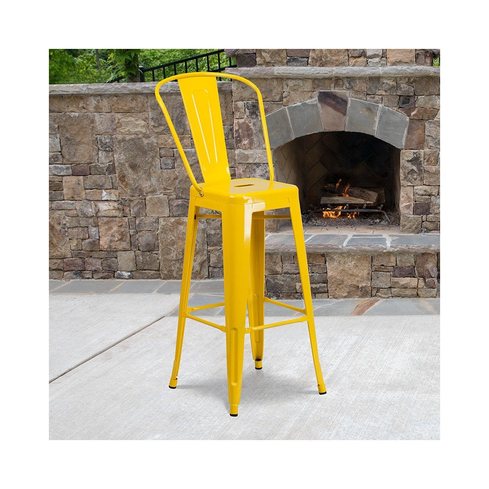 Commercial Grade 30" High Yellow Metal Indoor-Outdoor Barstool with Removable Back