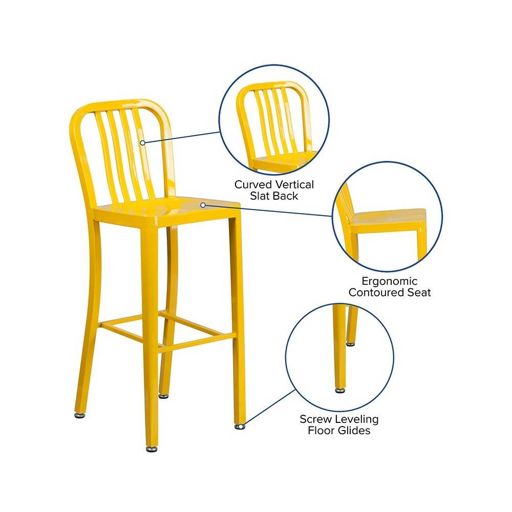 Commercial Grade 30" High Yellow Metal Indoor-Outdoor Barstool with Vertical Slat Back