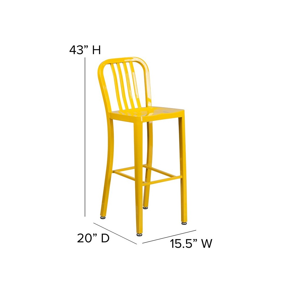 Commercial Grade 30" High Yellow Metal Indoor-Outdoor Barstool with Vertical Slat Back