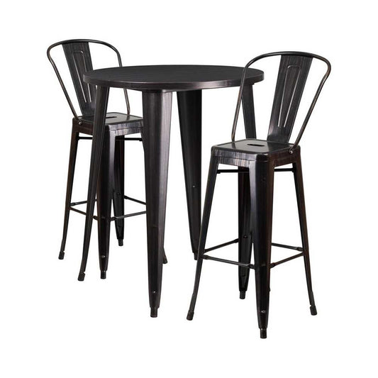 Commercial Grade 30" Round Black-Antique Gold Metal Indoor-Outdoor Bar Table Set with 2 Cafe Stools