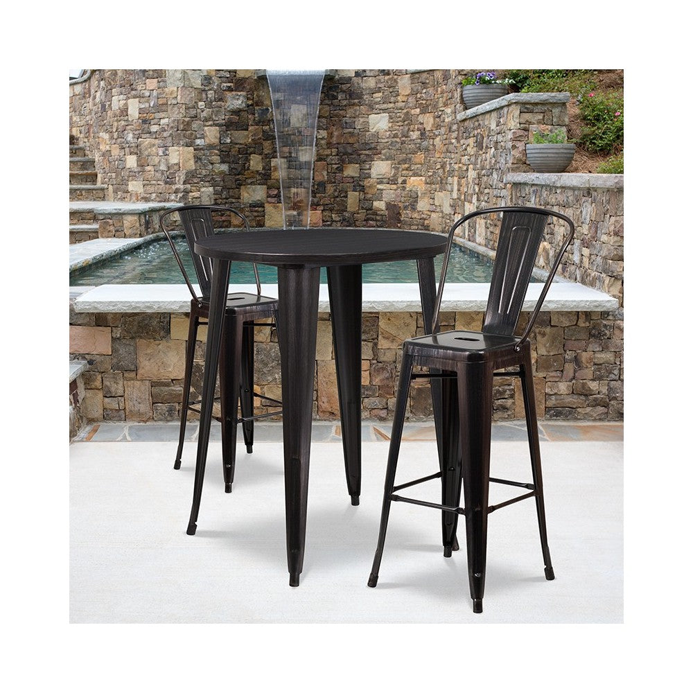Commercial Grade 30" Round Black-Antique Gold Metal Indoor-Outdoor Bar Table Set with 2 Cafe Stools