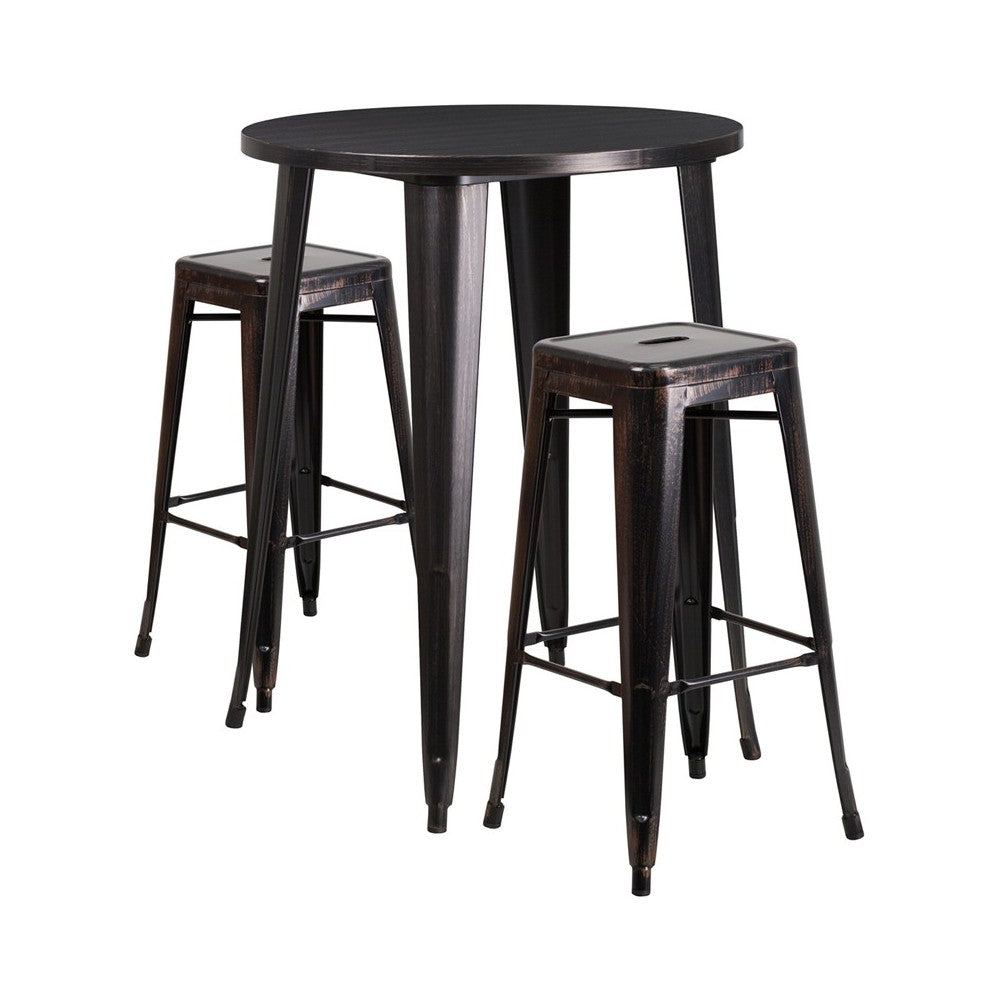 Commercial Grade 30" Round Black-Antique Gold Metal Indoor-Outdoor Bar Table Set with 2 Square Seat Backless Stools