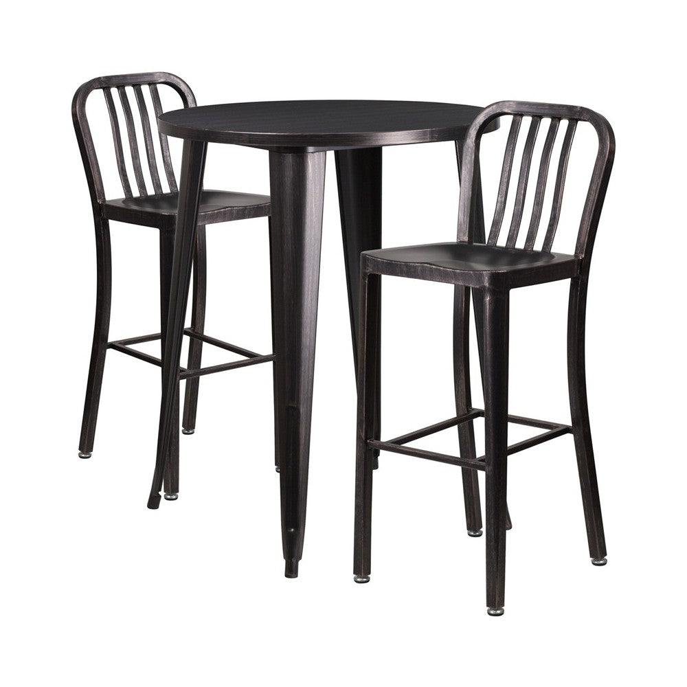 Commercial Grade 30" Round Black-Antique Gold Metal Indoor-Outdoor Bar Table Set with 2 Vertical Slat Back Stools