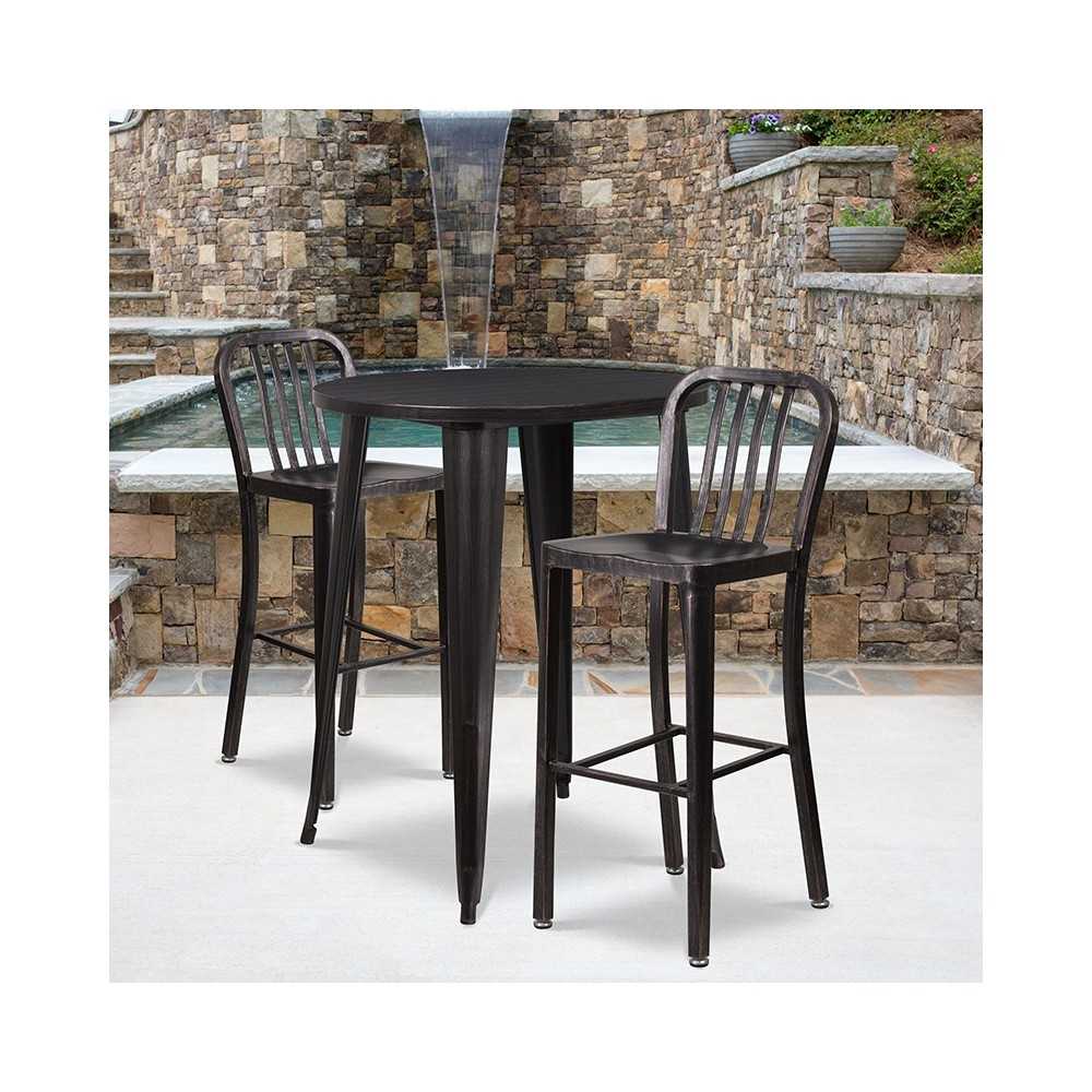 Commercial Grade 30" Round Black-Antique Gold Metal Indoor-Outdoor Bar Table Set with 2 Vertical Slat Back Stools