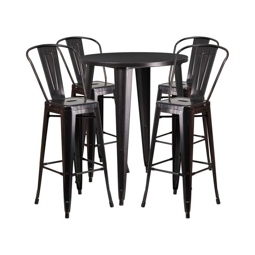 Commercial Grade 30" Round Black-Antique Gold Metal Indoor-Outdoor Bar Table Set with 4 Cafe Stools