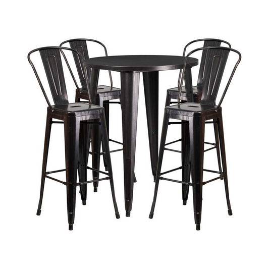 Commercial Grade 30" Round Black-Antique Gold Metal Indoor-Outdoor Bar Table Set with 4 Cafe Stools