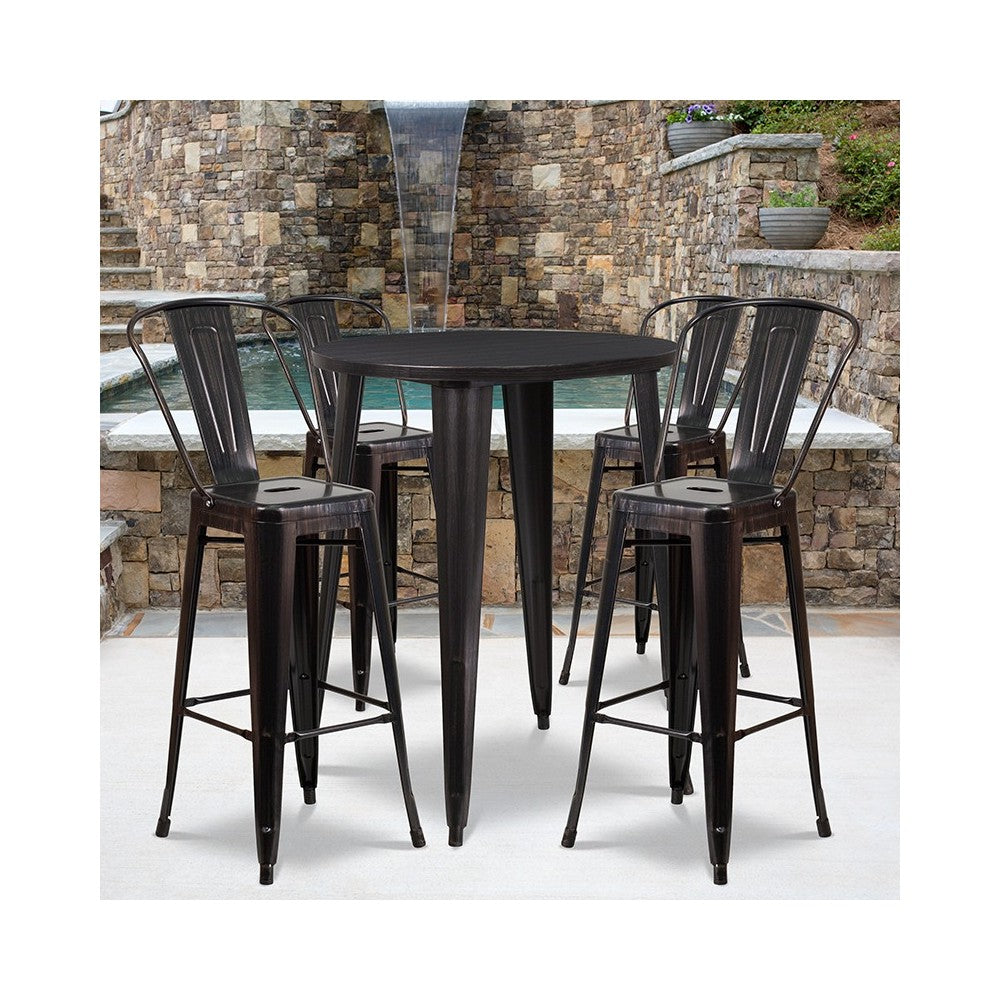 Commercial Grade 30" Round Black-Antique Gold Metal Indoor-Outdoor Bar Table Set with 4 Cafe Stools