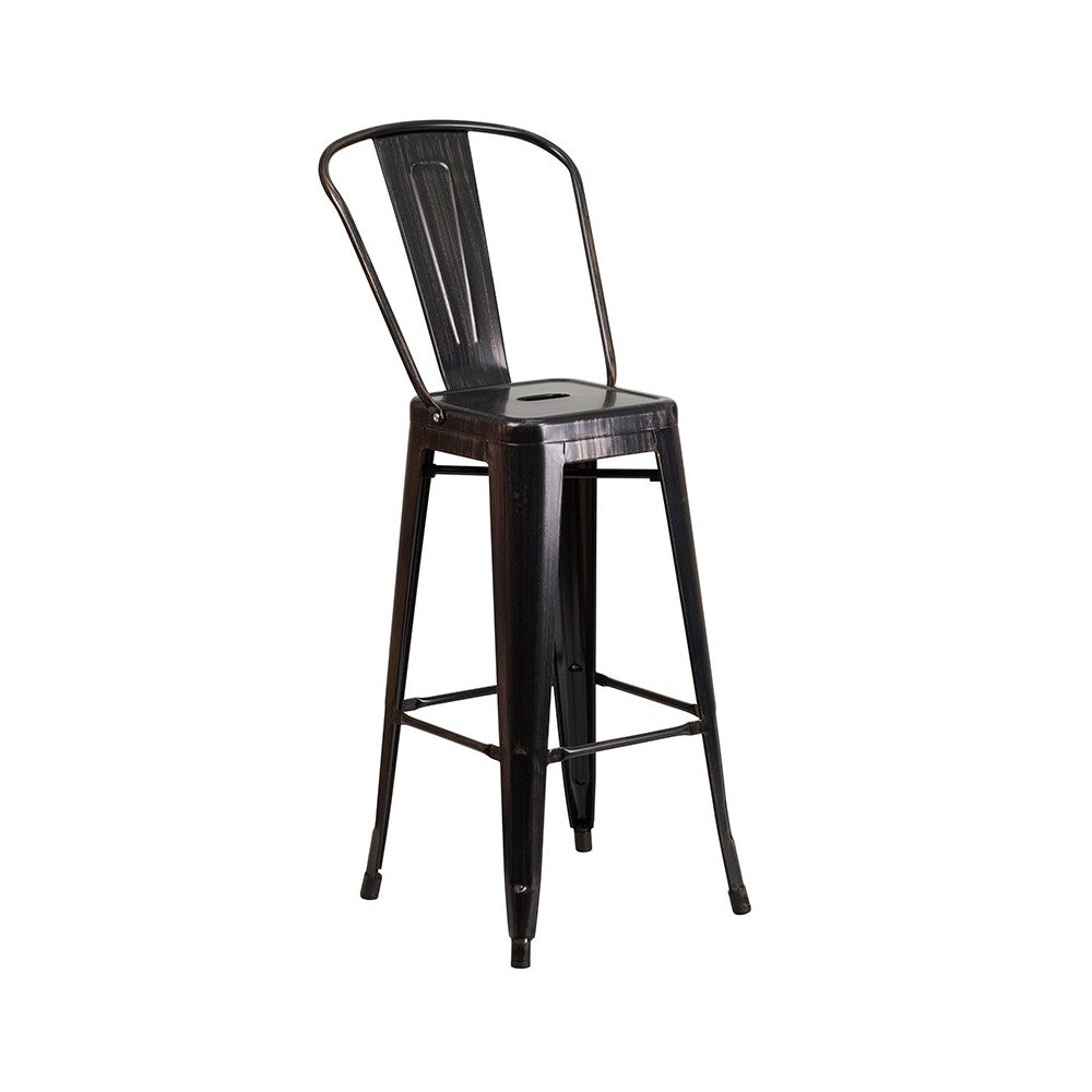 Commercial Grade 30" Round Black-Antique Gold Metal Indoor-Outdoor Bar Table Set with 4 Cafe Stools