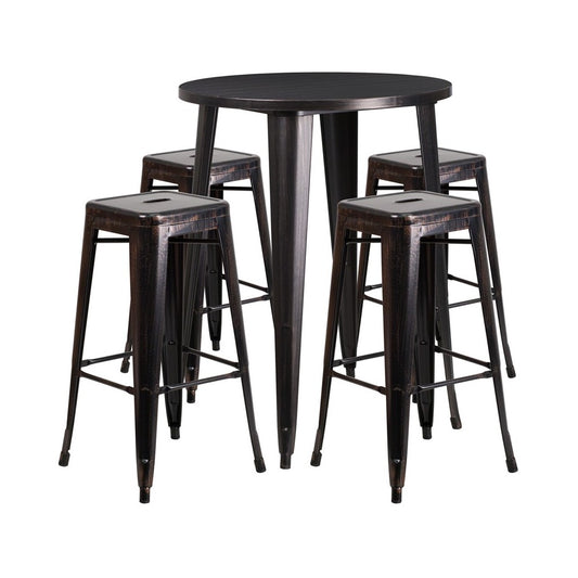 Commercial Grade 30" Round Black-Antique Gold Metal Indoor-Outdoor Bar Table Set with 4 Square Seat Backless Stools