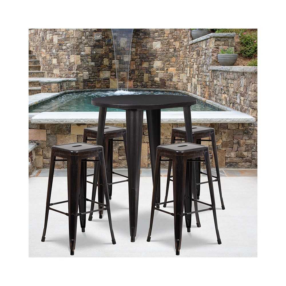 Commercial Grade 30" Round Black-Antique Gold Metal Indoor-Outdoor Bar Table Set with 4 Square Seat Backless Stools