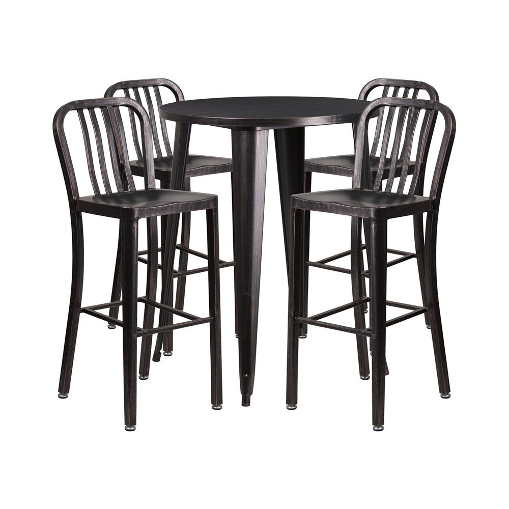 Commercial Grade 30" Round Black-Antique Gold Metal Indoor-Outdoor Bar Table Set with 4 Vertical Slat Back Stools