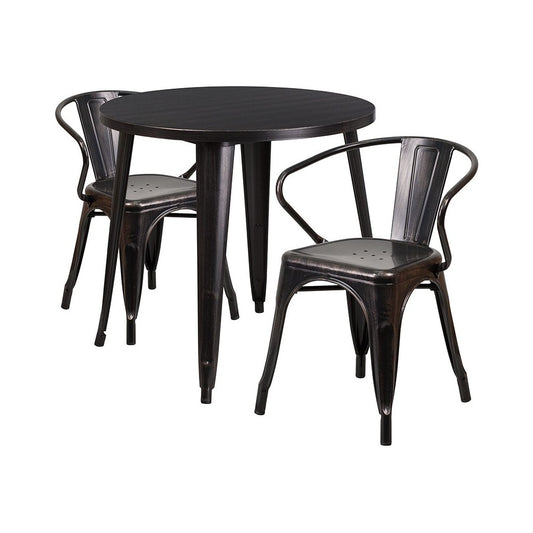 Commercial Grade 30" Round Black-Antique Gold Metal Indoor-Outdoor Table Set with 2 Arm Chairs