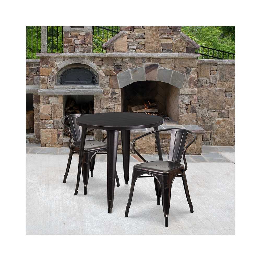 Commercial Grade 30" Round Black-Antique Gold Metal Indoor-Outdoor Table Set with 2 Arm Chairs