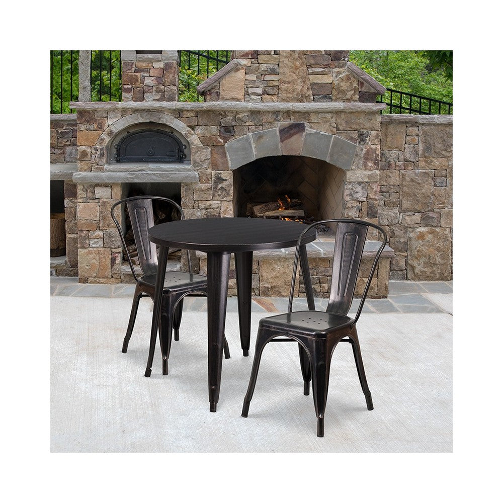 Commercial Grade 30" Round Black-Antique Gold Metal Indoor-Outdoor Table Set with 2 Cafe Chairs