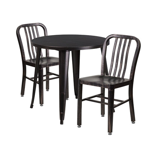 Commercial Grade 30" Round Black-Antique Gold Metal Indoor-Outdoor Table Set with 2 Vertical Slat Back Chairs